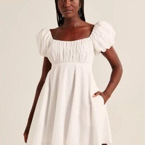 NWT- Abercrombie Ruched Puff Sleeve Mini Dress - White - XS
